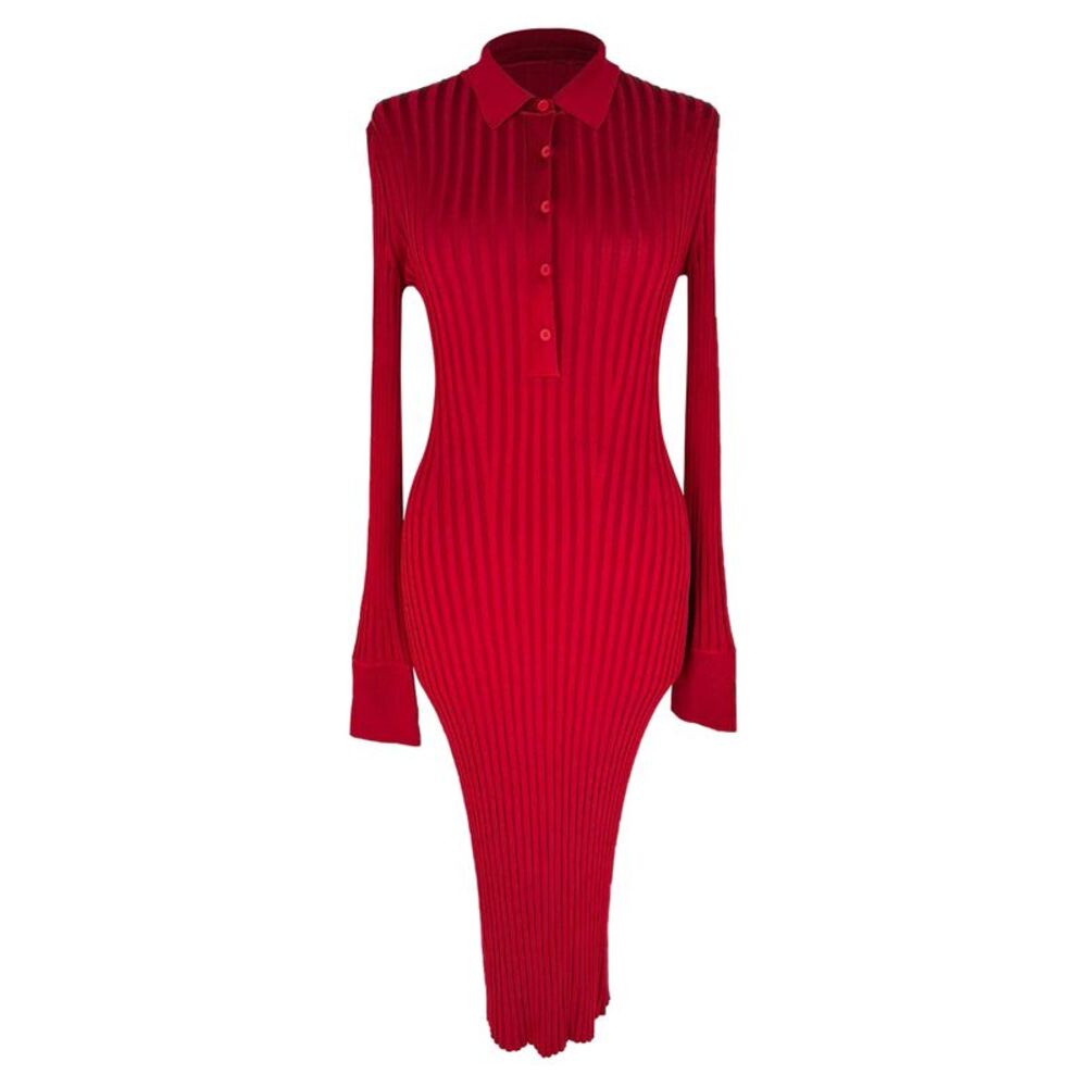 Galvan London Ribbed-Knit Midi Dress in Red Viscose